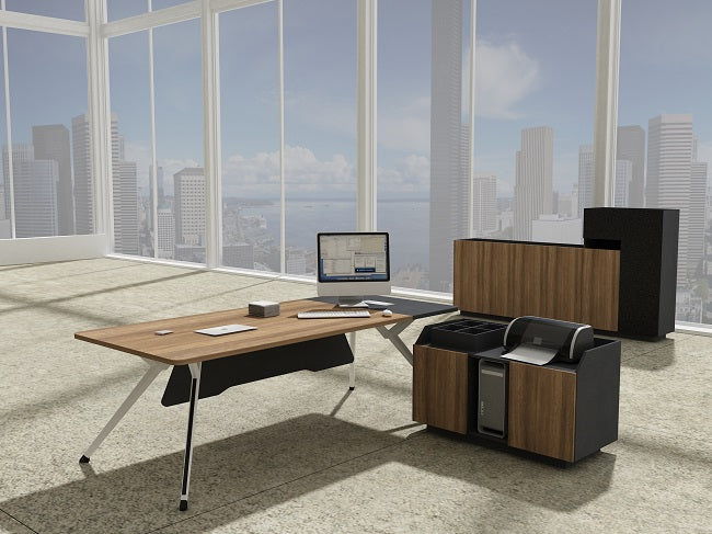 19378 שולחן מנהל פורניר אגוז משולב צביעת אבקה צבע לבן רגליים אלומיניום, מידות: 200*100*76 | המבורגר ברוס