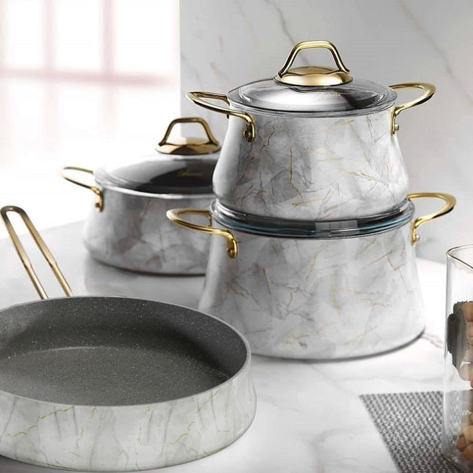 סט סירים 7 חלקים יציקת אלומיניום בציפוי שיש אפור דגם 7757 | המבורגר ברוס