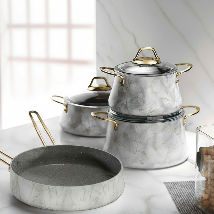 סט סירים 7 חלקים יציקת אלומיניום בציפוי שיש אפור דגם 7757