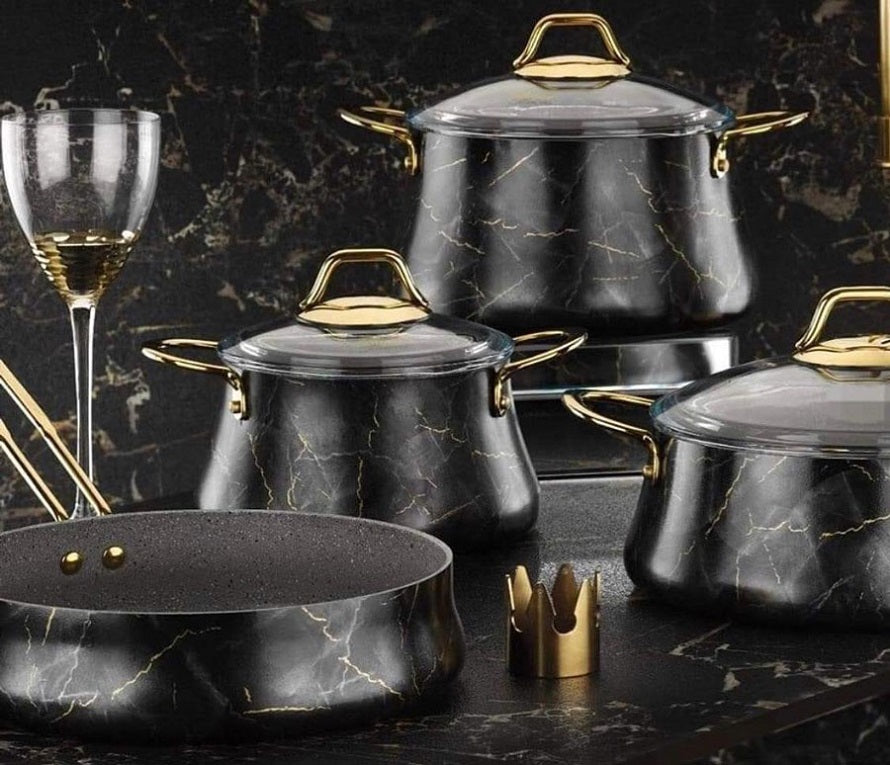 סט סירים 7 חלקים יציקת אלומניום בציפוי שיש שחור דגם 6657 | המבורגר ברוס