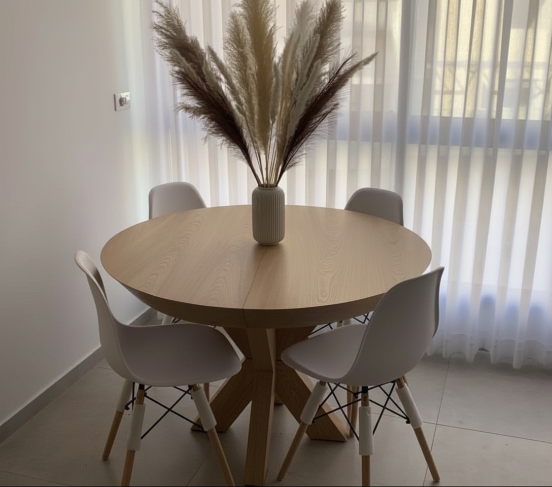 שולחן פינת אוכל עגול רגל איקס מעץ דגם 9512