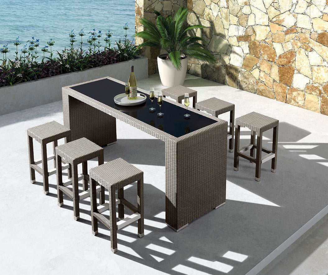 פולי שולחן בר רטאן לבן זכוכית חלבית+6 כסאות | המבורגר ברוס