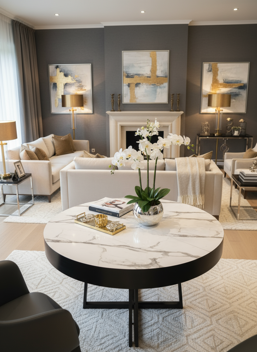 שולחן עגול דמוי שיש קוטר 130 מתצוגה