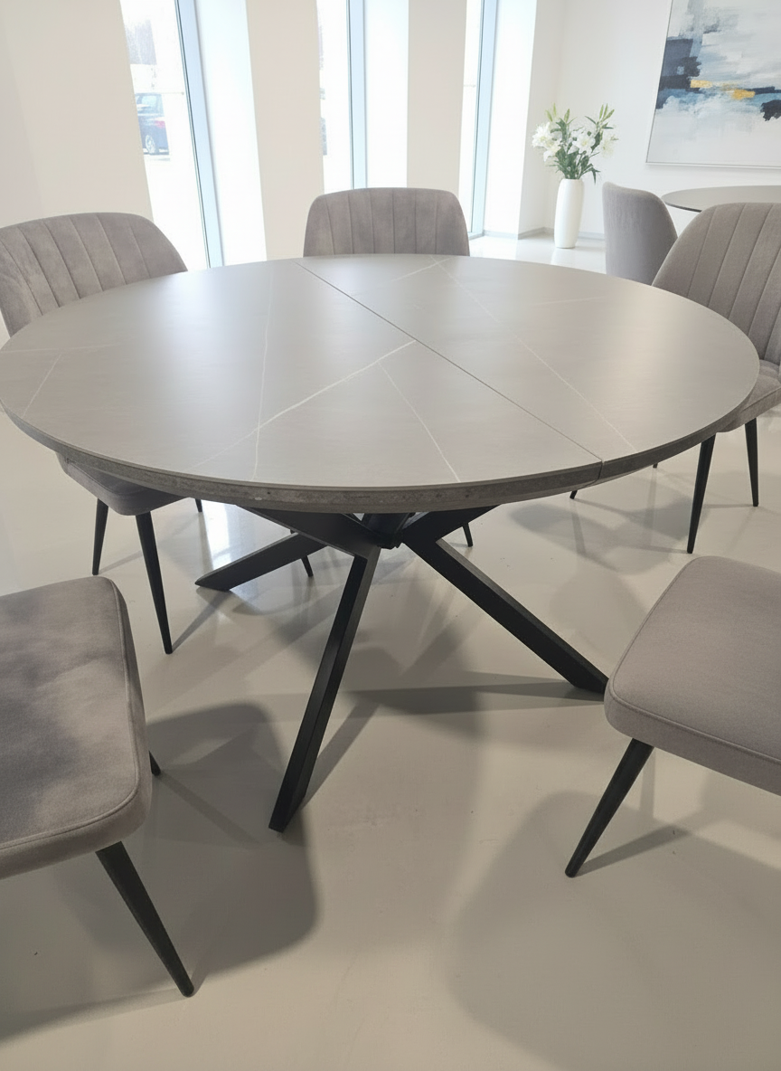 שולחן עגול 130 אפור דמוי שיש נפתח מתצוגה