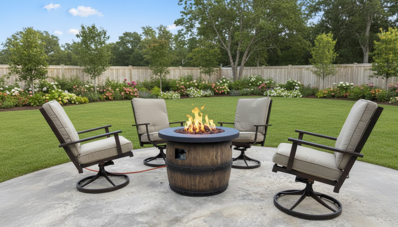 שולחן אש גז דמוי חבית עץ גדול