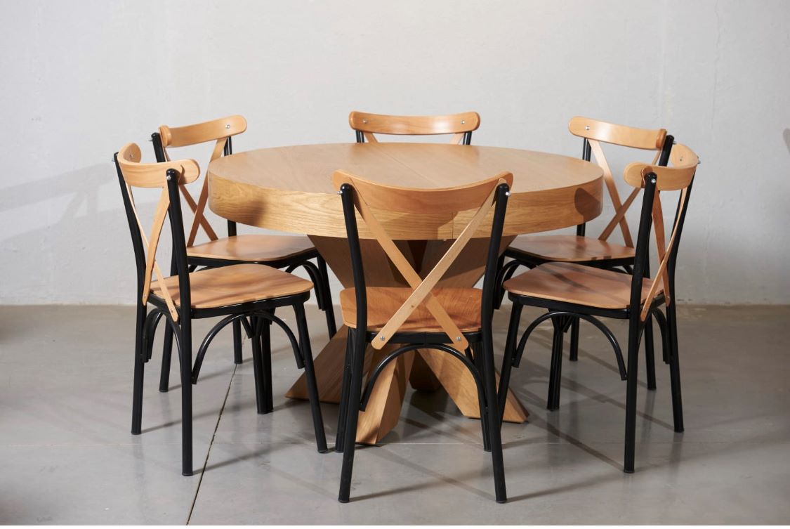 שולחן פינת אוכל עגול נפתח עץ אלון טבעי כולל 6 כסאות דגם 159079 | המבורגר ברוס