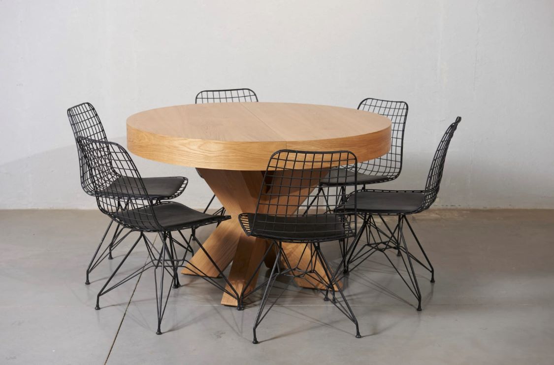 שולחן עגול נפתח עץ אלון טבעי כולל 6 כסאות | המבורגר ברוס