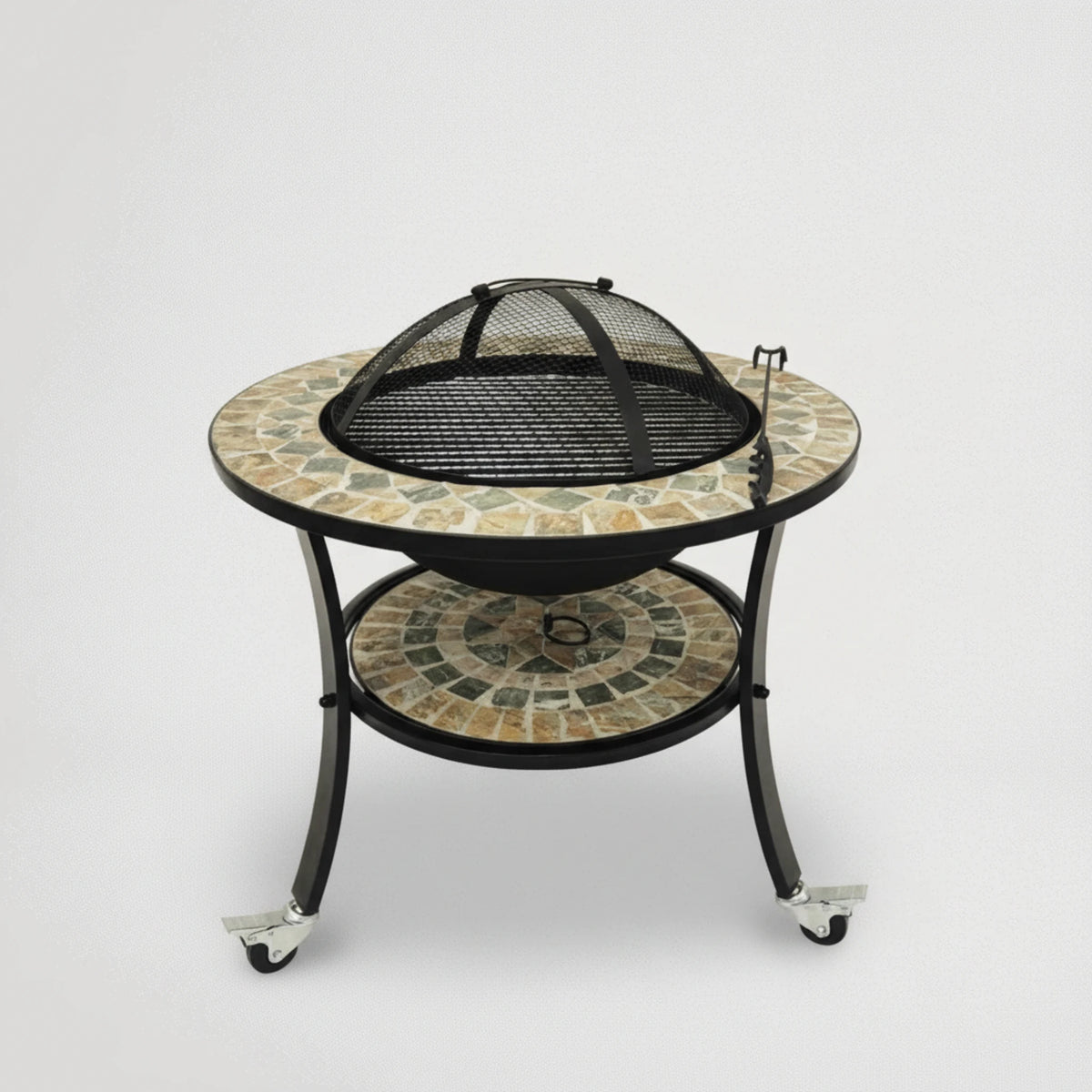 מחמם/ מנגל שולחני על עץ או פחמים , משולב ברזל ופסיפס עם גלגלים