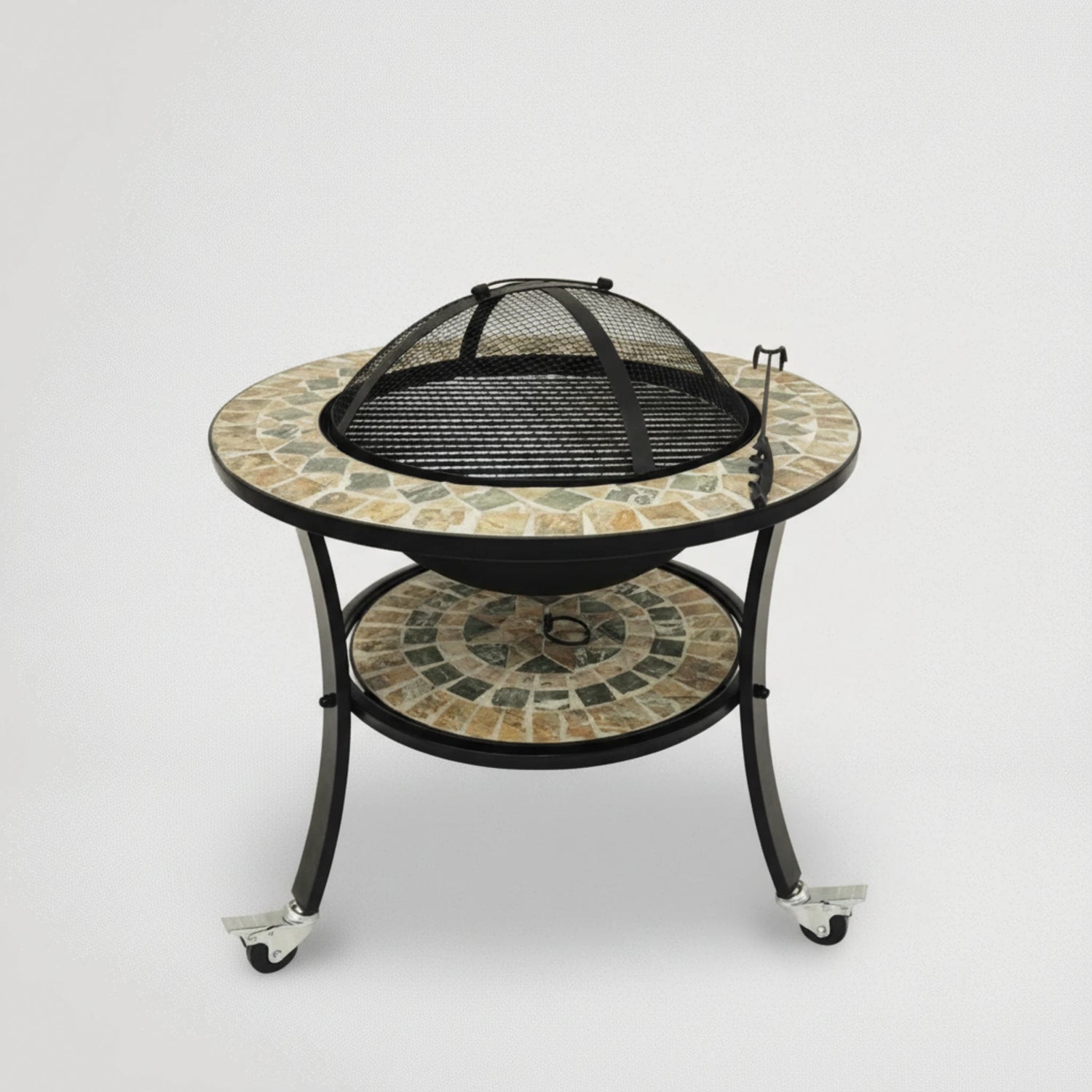 מחמם/ מנגל שולחני על עץ או פחמים , משולב ברזל ופסיפס עם גלגלים