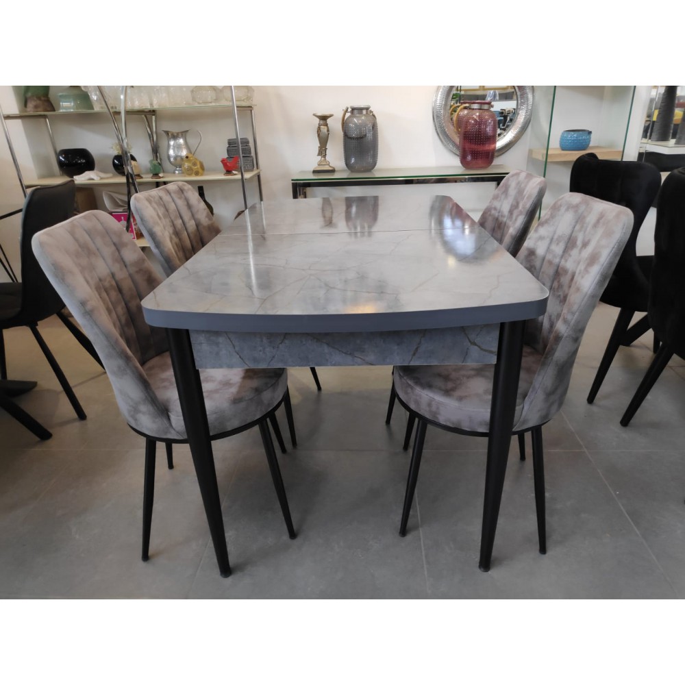 שולחן לפינת אוכל יוקרתי נפתח + 4 כסאות קטיפה דגם 80085