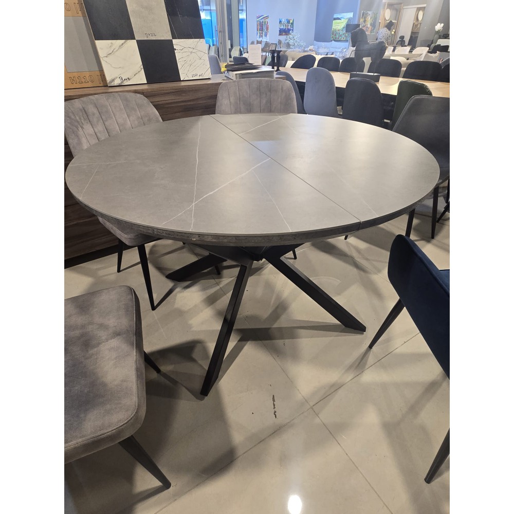 שולחן עגול 130 אפור דמוי שיש נפתח מתצוגה
