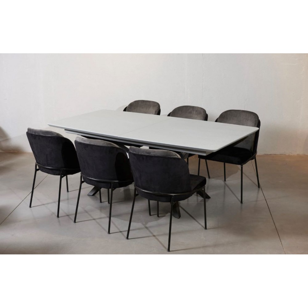 שולחן מלבני דמוי בטון + 6 כסאות 