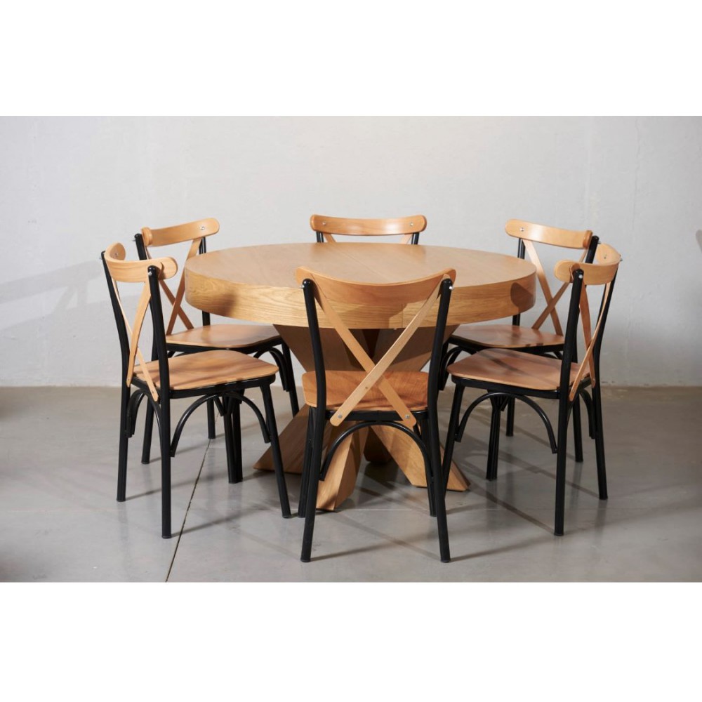 שולחן עגול נפתח עץ אלון טבעי כולל 6 כסאות 