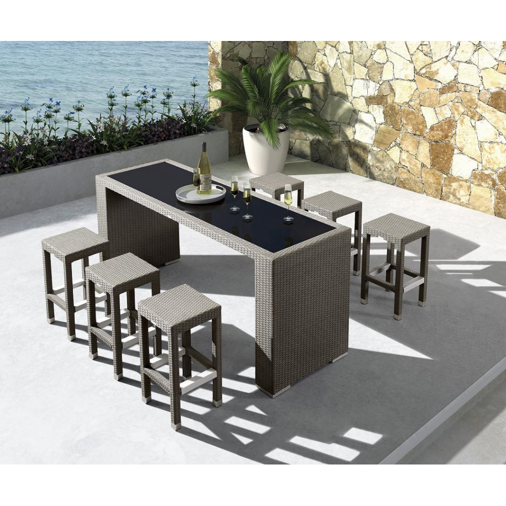 פולי שולחן בר רטאן לבן זכוכית חלבית+6 כסאות פולי שולחן בר רטאן לבן זכוכית חלבית+6 כסאות