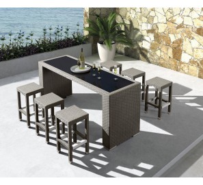 פולי שולחן בר רטאן לבן זכוכית חלבית+6 כסאות