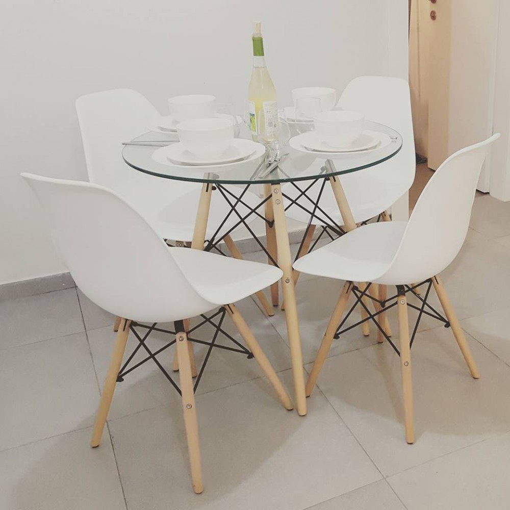 שולחן לפינת אוכל פלטה זכוכית רגלי עץ 132645